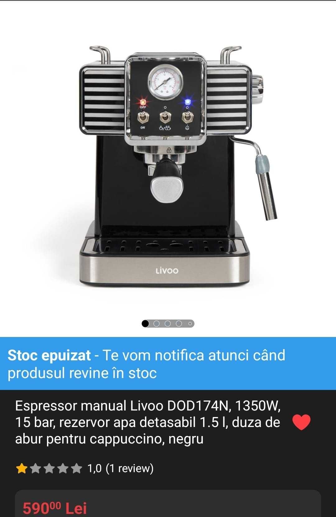 Espressor manual Livoo , 1350W, 5 bar , rezervor apa detasabil 1.5 l
