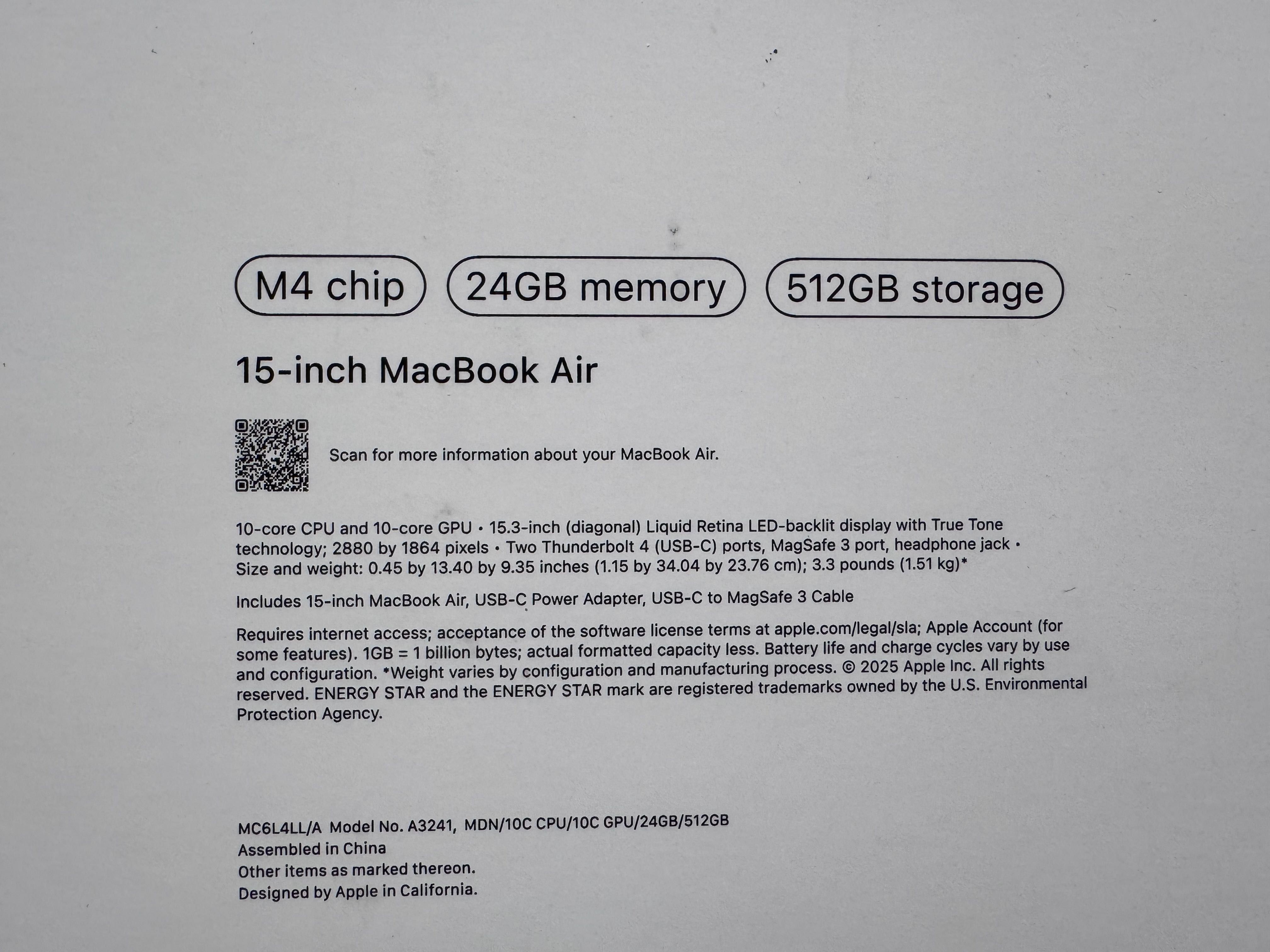 MacBook Air 15" m4 24gb 512gb English US