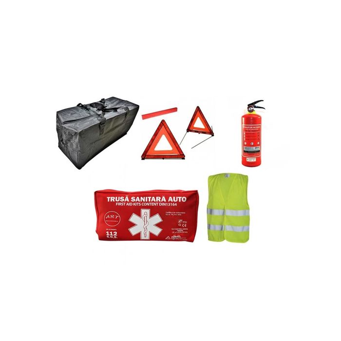 Kit siguranta auto geanta cu 2 triunghiuri, stingator, vesta, trusa