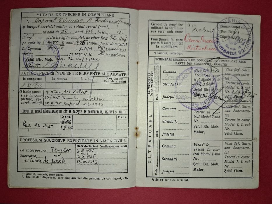 Livret de serviciu militar - Rgt.92 Infanterie