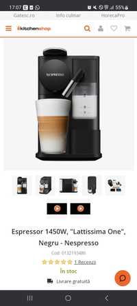 Espressor 1450W, "Lattissima One", Negru - Nespresso