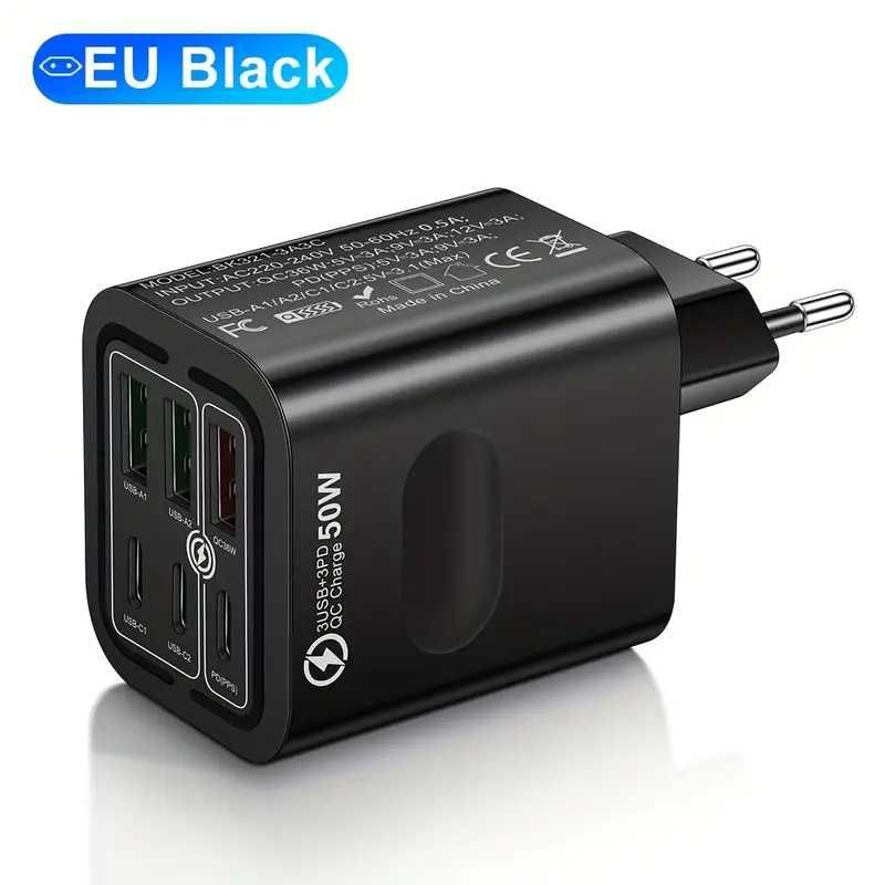 Шест-портови Бързи зарядни за телефон и таблет 50W/55W USB-A и Type C!