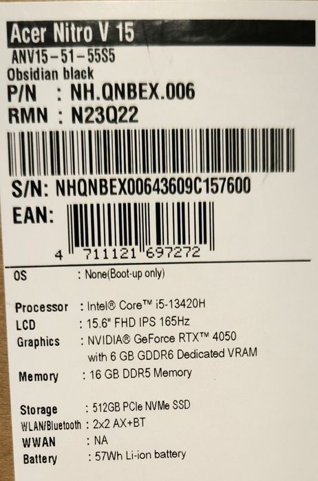 Acer Nitro, i5-13420H, 165Hz, 16GB DDR5, 512GB SSD, 4050 6GB, Гаранция