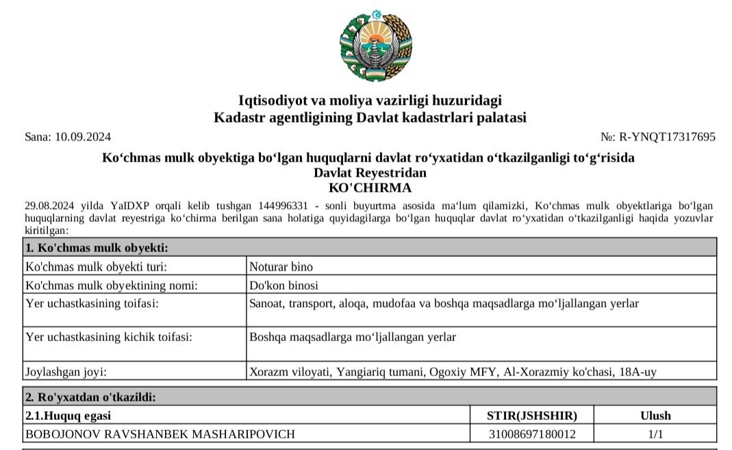 Барча кулайликларга эга нотурар  бино Таййор бизнес сотилади