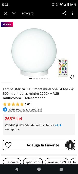 Lampă sferică LED (lipsește telecomanda originală)
