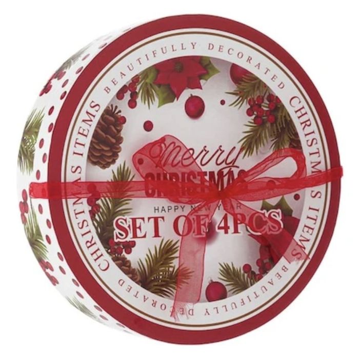 Set 4 farfurii portelan Craciun - in cutie cadou cu funda rosie