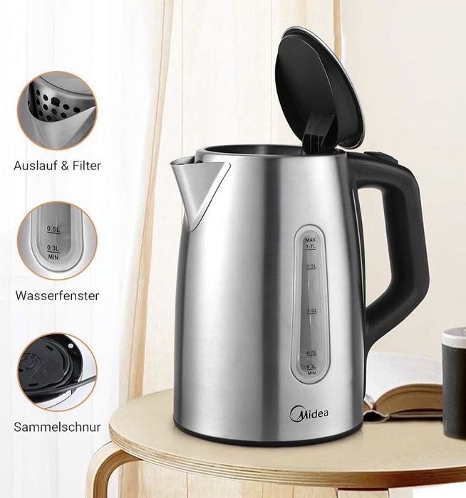 Fierbător Midea din oțel inoxidabil - 1,7 litri, 2200 W