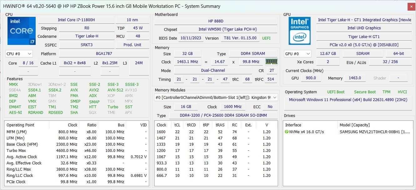 Продавам HP ZBook Power G8 i7-11800H/32GB DDR4/1TB SSD/NVIDIA T1200