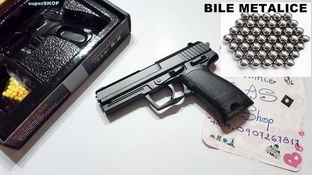 Super airsoft metalic,celebrul HK USP 45,calibrul 6mm,legal,bile bonus