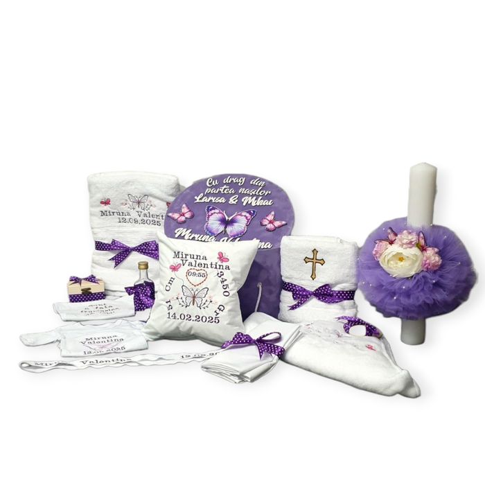Trusou botez fluturasi mov + lumanare botez