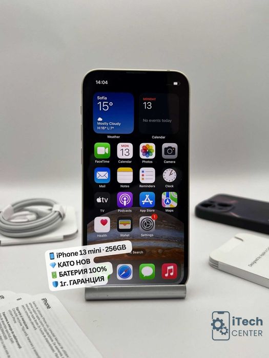 iPhone 13 mini, 256GB, White, 100% батерия, КАТО НОВ, 1г. ГАРАНЦИЯ!