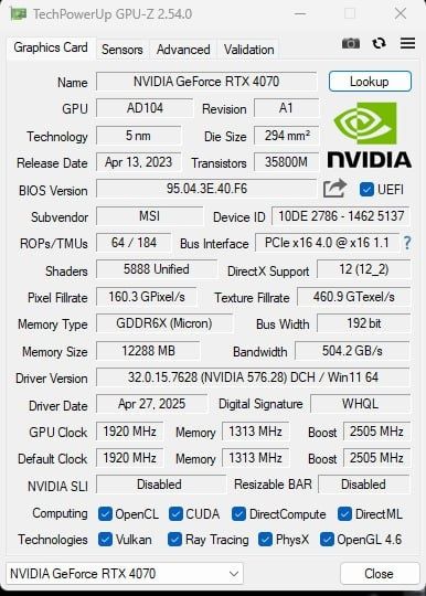 Msi Ventus 3x  Rtx4070 12gb 192Bit GDDR6X