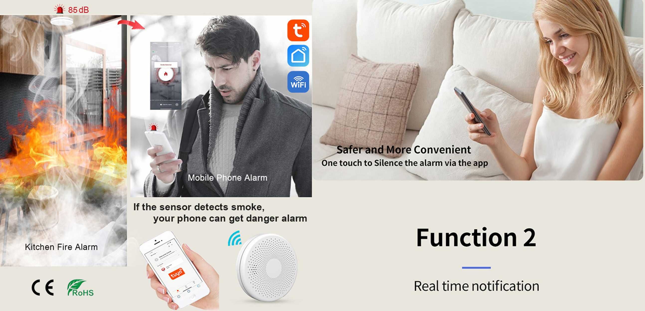 Detector Smart CO + fum tigara + alarma wifi pe telefon. Nou!