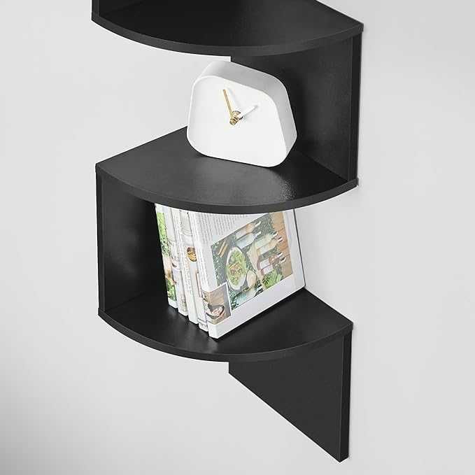 Ъглов рафт, стенен рафт, 5 нива за книги, библиотека, растения, черен