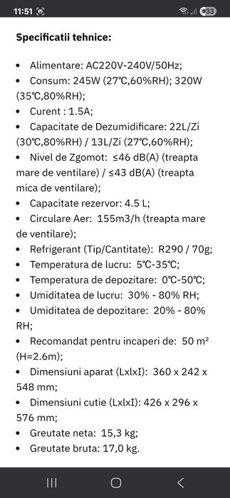 Dezumidificator stare excelenta cu garanție
