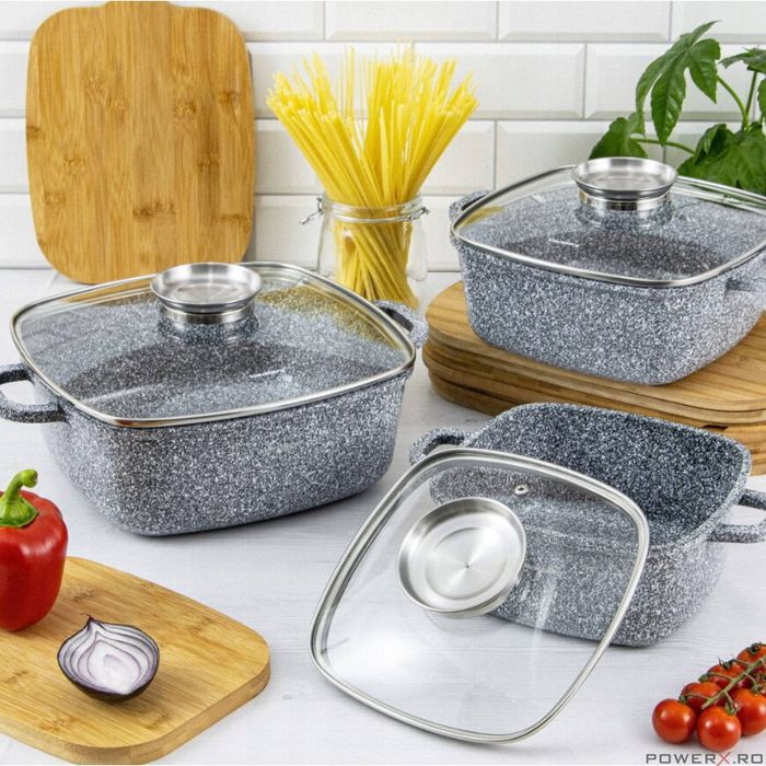 Set 3 oale din aluminiu turnat, cu strat marmorat, capac sticla,