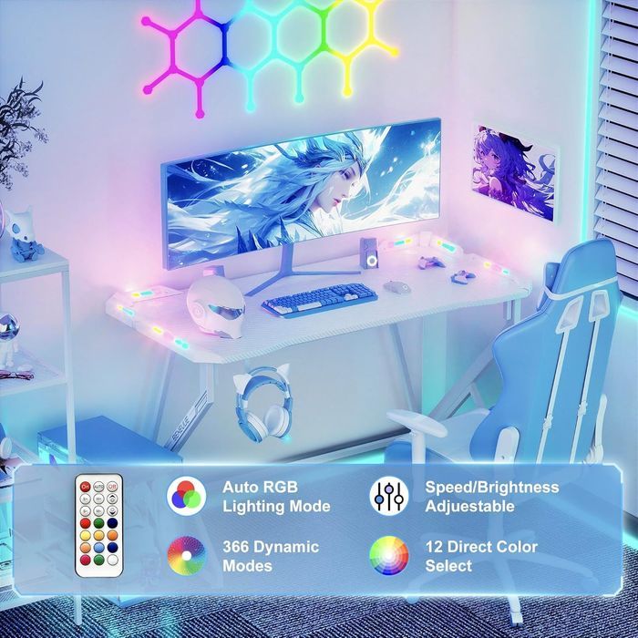 Birou gaming 100x60 cm cu LED RGB, structură Z, blat carbon alb