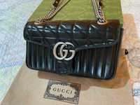 Оригинална Гучи Черна Кожена чанта Gucci Marmont Дръжка И Синджир GG
