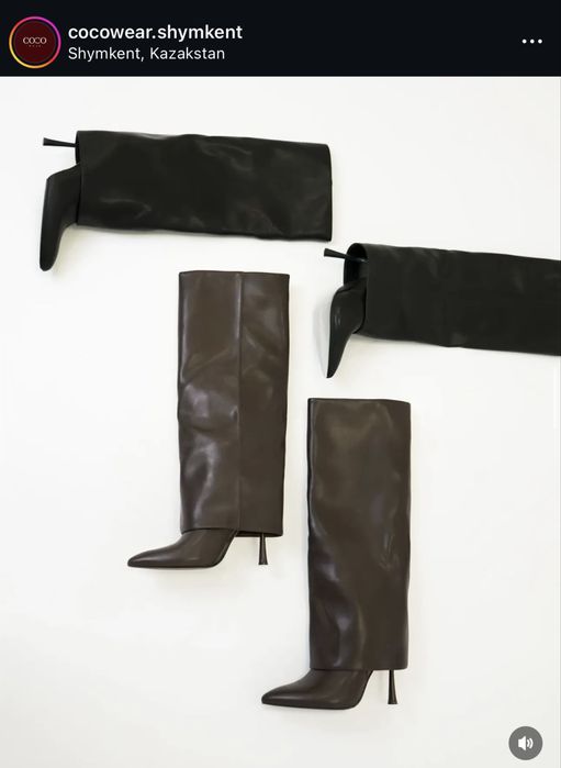 длинные коричневые сопоги на каблуках, классика которая всегда в моде.