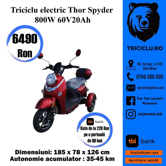 Tuk tuk Thor Fluxx-Spyder electric triciclu 800 W fara permis Agramix