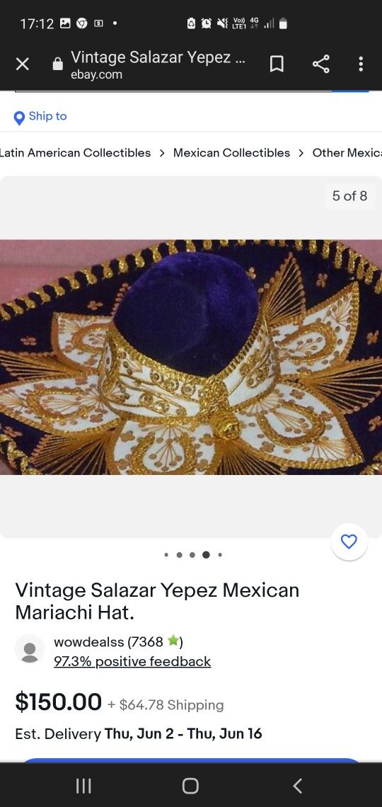 Vintage Salazar Yepez Mexican Mariachi Hat