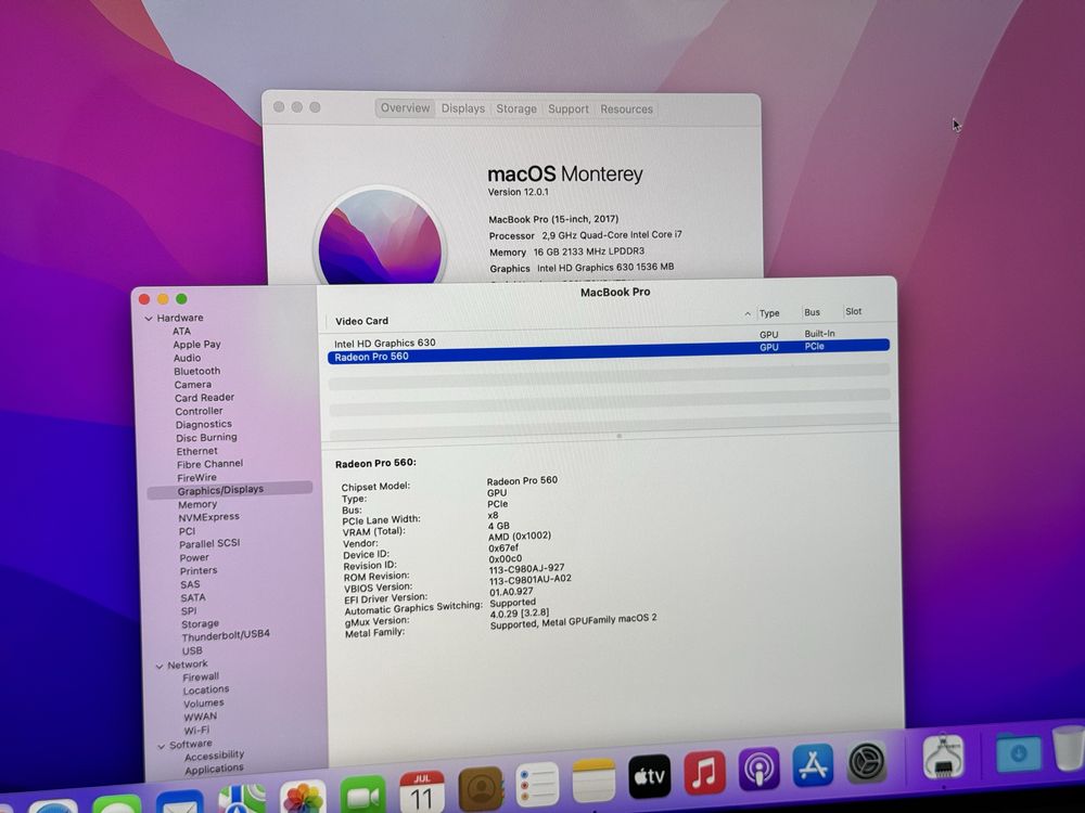 15,4'Macbook Pro 2017 Touchbar/i7 2.9Ghz/16GB Ram/512GB SSD/Radeon 4GB