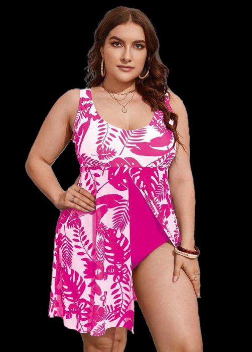 Costum de baie intreg roz tip rochita,masuri mari,Plus Size,XL,2XL,3XL