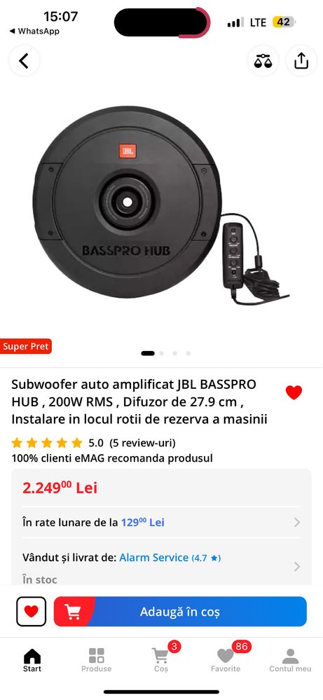 Subwoofer auto JBL BASSPRO