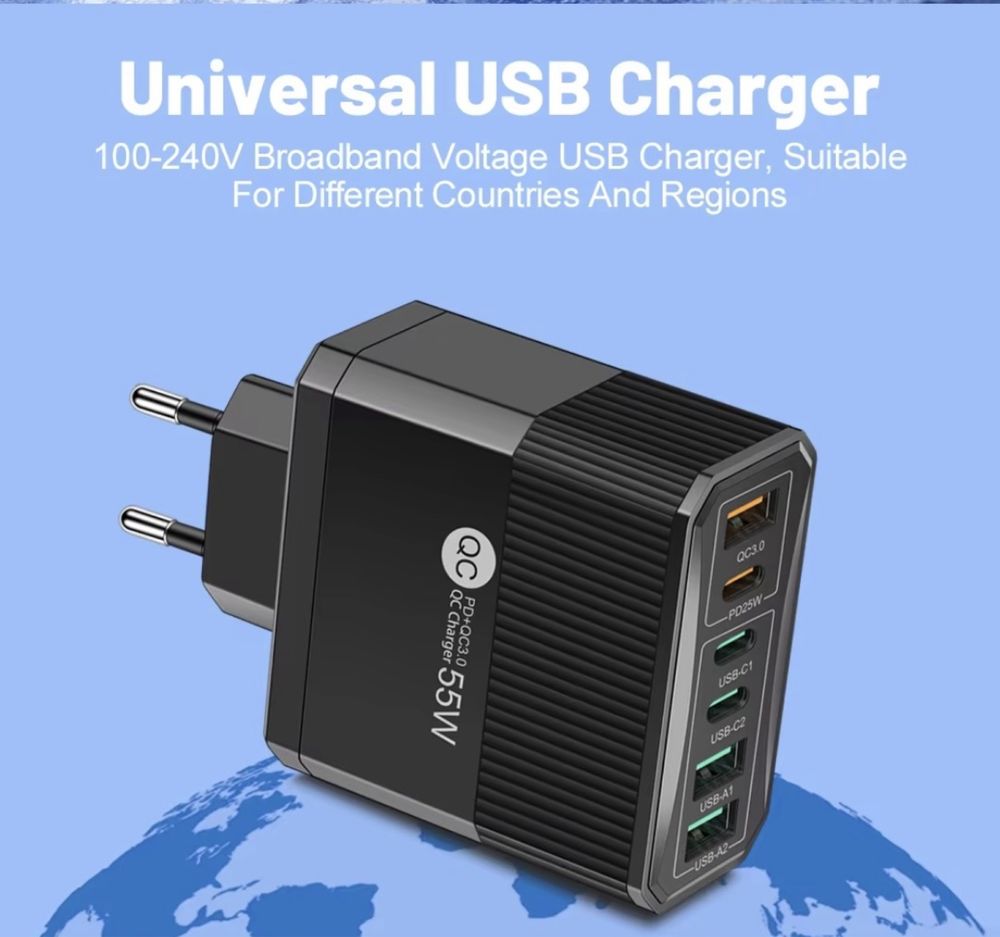 55W USB зарядно ,Бързо зареждане 6 порта Quick Charge 3.0