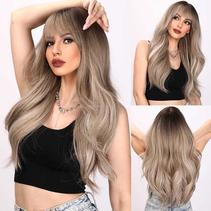 Чуплива омбре перука 65 см, кафяво към пепеляво русо със светъл бретон