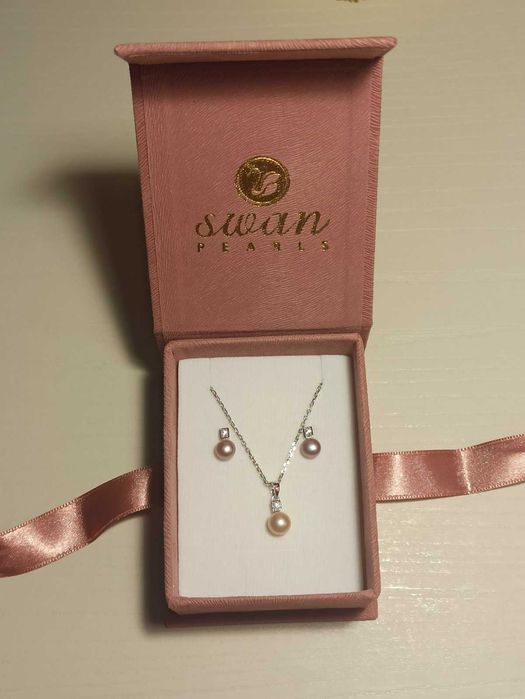 Колие и обеци - Сребърен комплект с розови перли