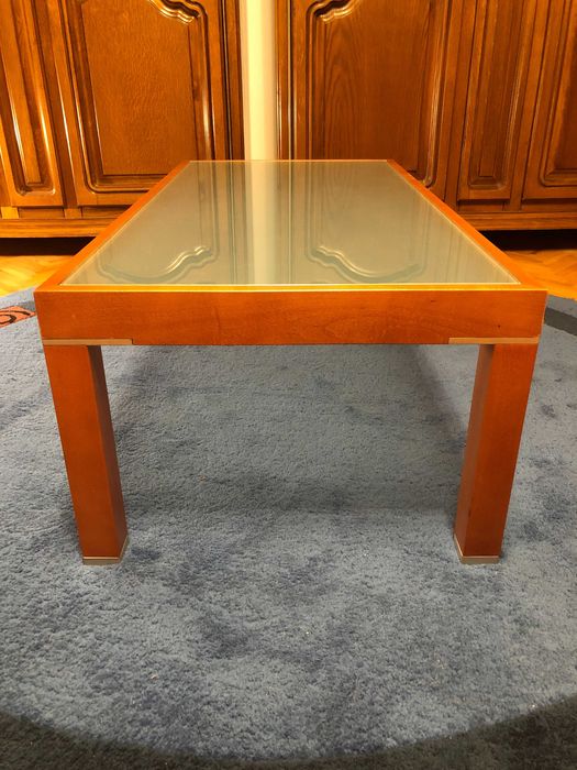 Masuta cafea lemn cires + cristal sablat + aluminiu, stare foarte buna