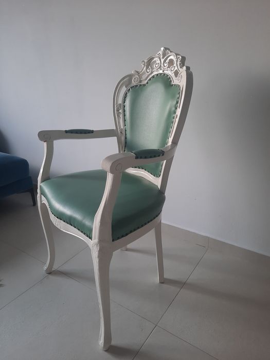 Scaun LUXURY cu brate Baroc Cadru alb, Tapiterie Turcoaz