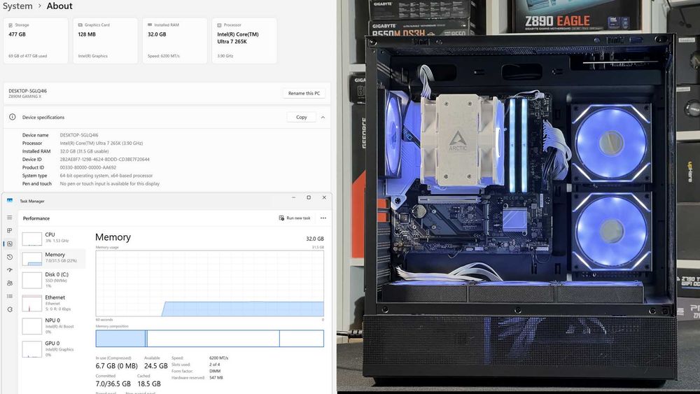 PC intel 7 ULTRA 265K Z890 32GB DDR5 6200 750W 80+ SILVER Nou