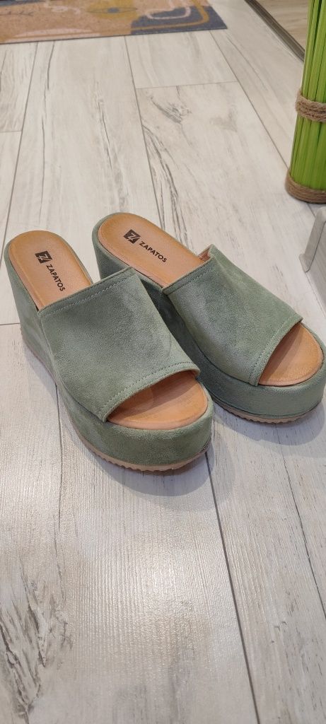 Зелени цвят мента велурени чехли на платформа, удобни 37,Zapatos,Zara