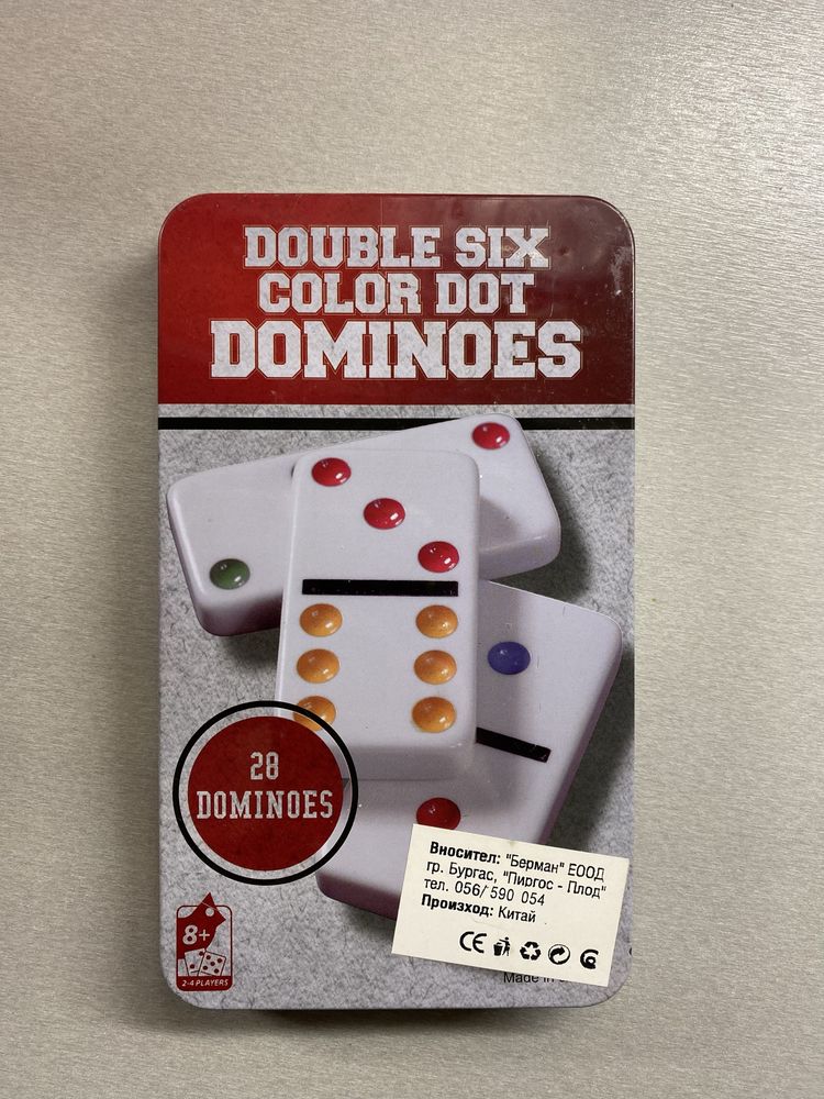 Класическото Домино в метална кутия- Double Six colour dot DOMINOES