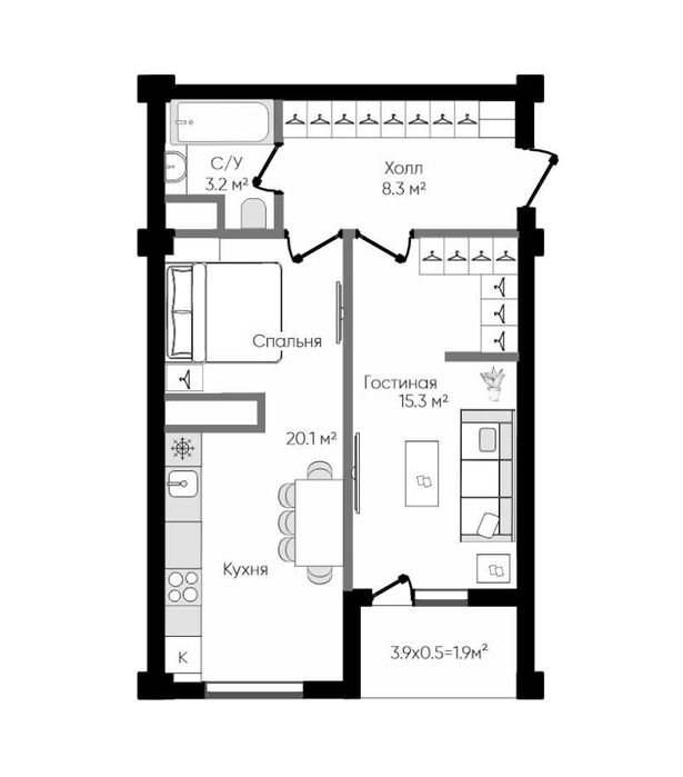 ЖК Fayzli hayot. 2-комнатная "студия", 48 м². г. Ташкент, ТРЦ "Компас"