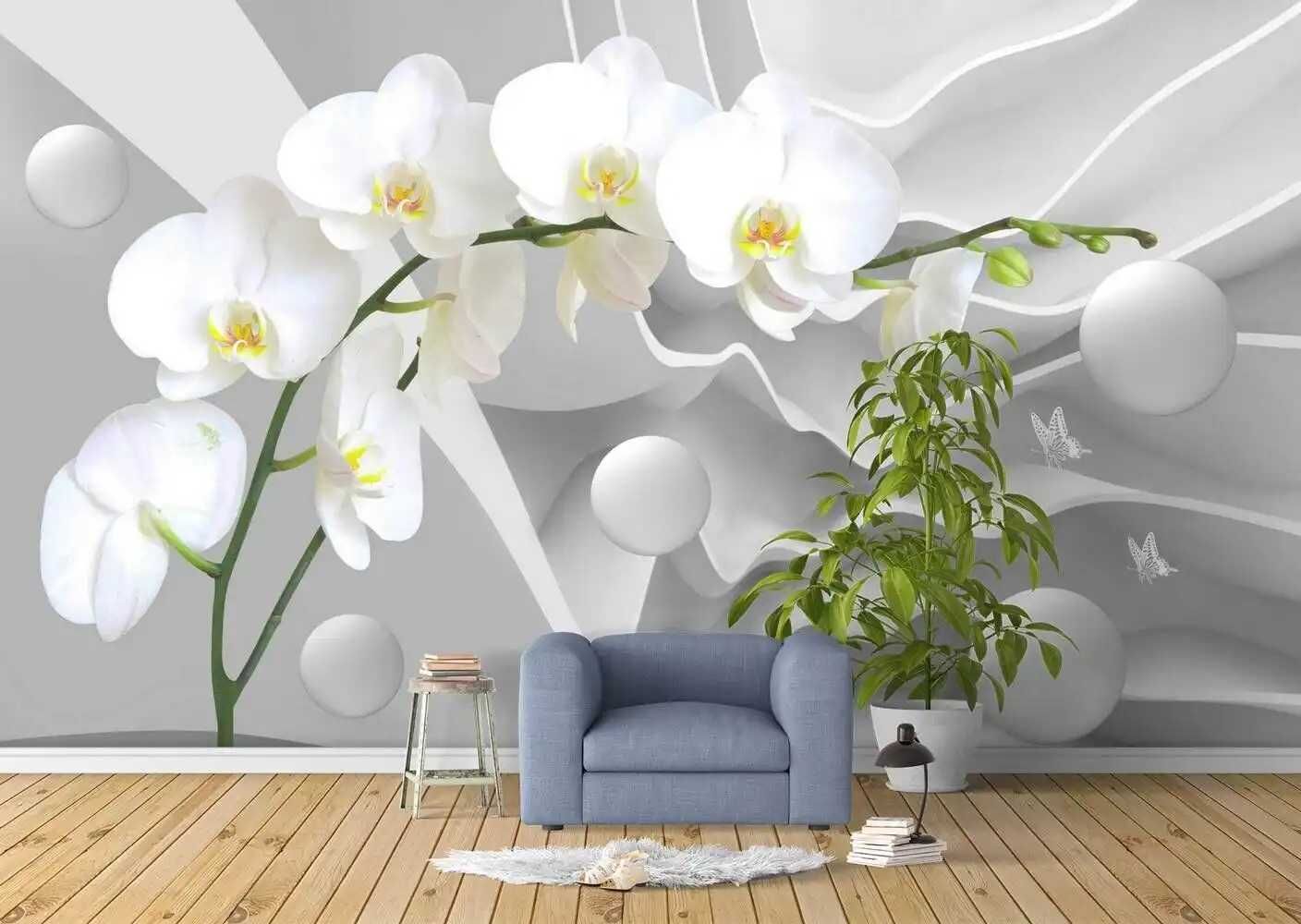 Fototapet vinilic (vlies) fantezie cu orhidee albe, 187x170 cm (HxL)