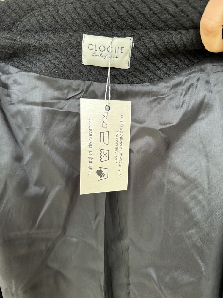 Palton nou negru lana 100% Cloche