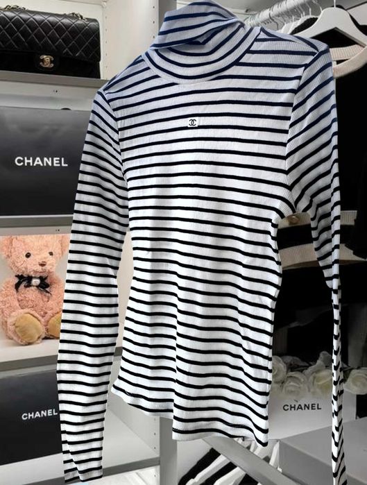 шанел блуза рае поло дълъг ръкав бяла черна памук суичър chanel топ