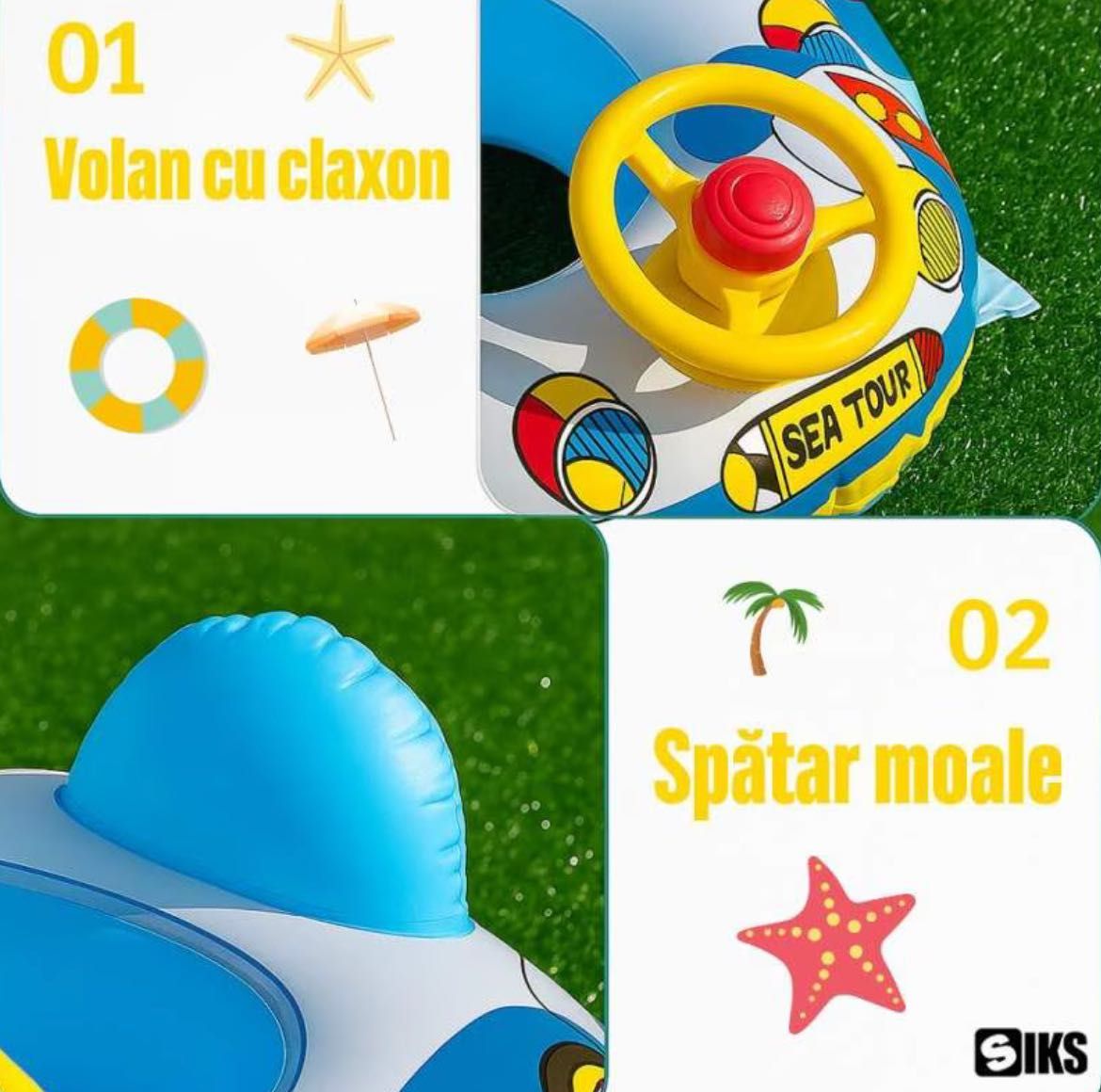 Colac gonflabil cu volan pentru copii – model mașinuță, 3+ ani