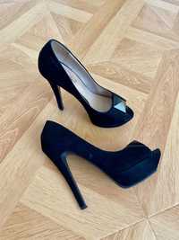 Pantofi eleganți, de ocazie, cu toc de 12cm și platformă, negri