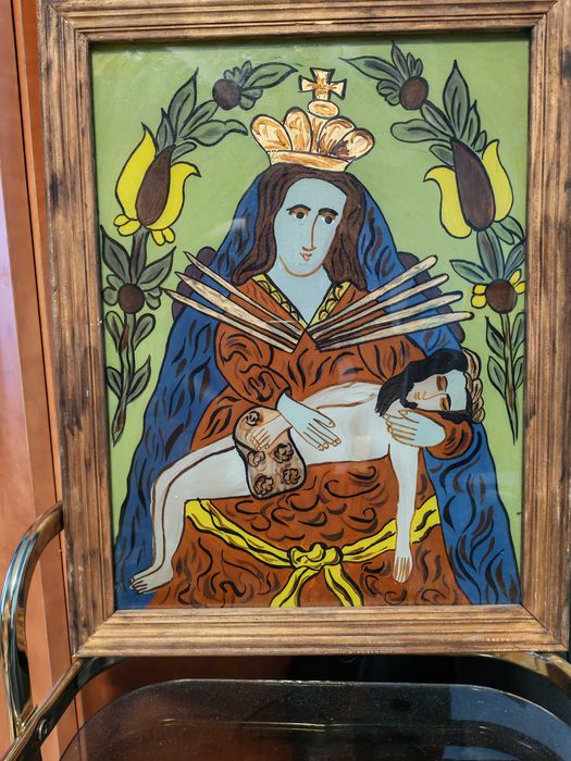 Icoana catolica poloneza veche, pictata pe sticla