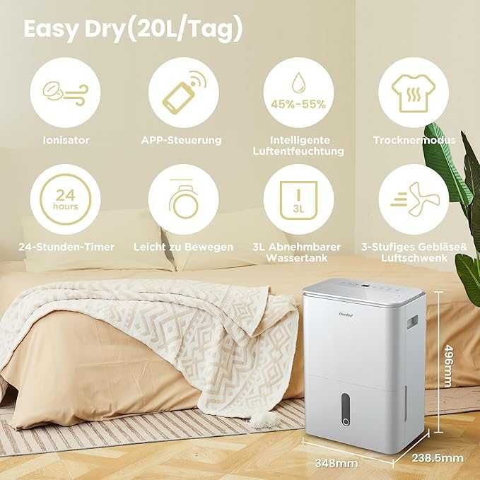 Dezumidificator 20 litri, 40m2/100m3, cu rezervor detasabil