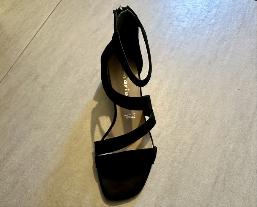 Sandale piele întoarsă, baretă pe gleznă, Tamaris, negru, 36 (37 real)