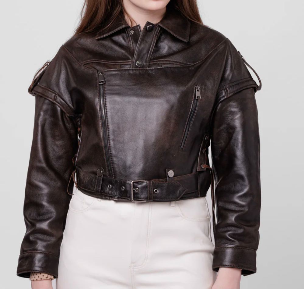 Geaca din piele naturală, aspect vintage, oversized, maneci detasabile