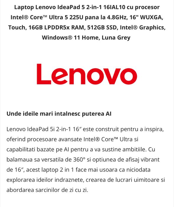 Laptop lenovo ideapad 5 2 in 1 , procesor intel core ultra 5
