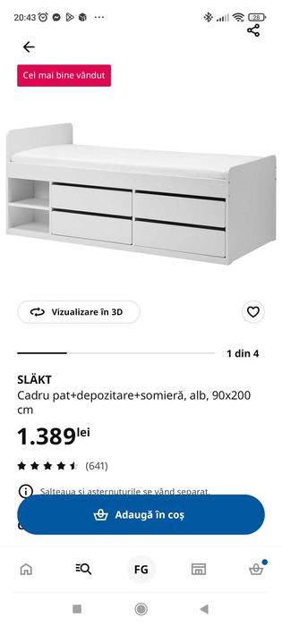 Pat 1 persoana 90/200 cu 4 sertare