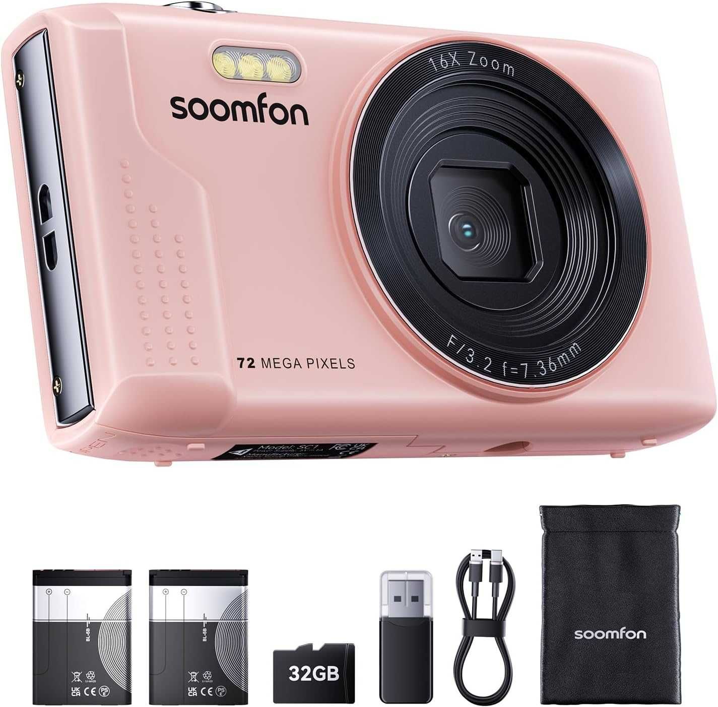 SOOMFON Цифров фотоапарат, 2.8'' екран, 16X цифрово увеличение, розов
