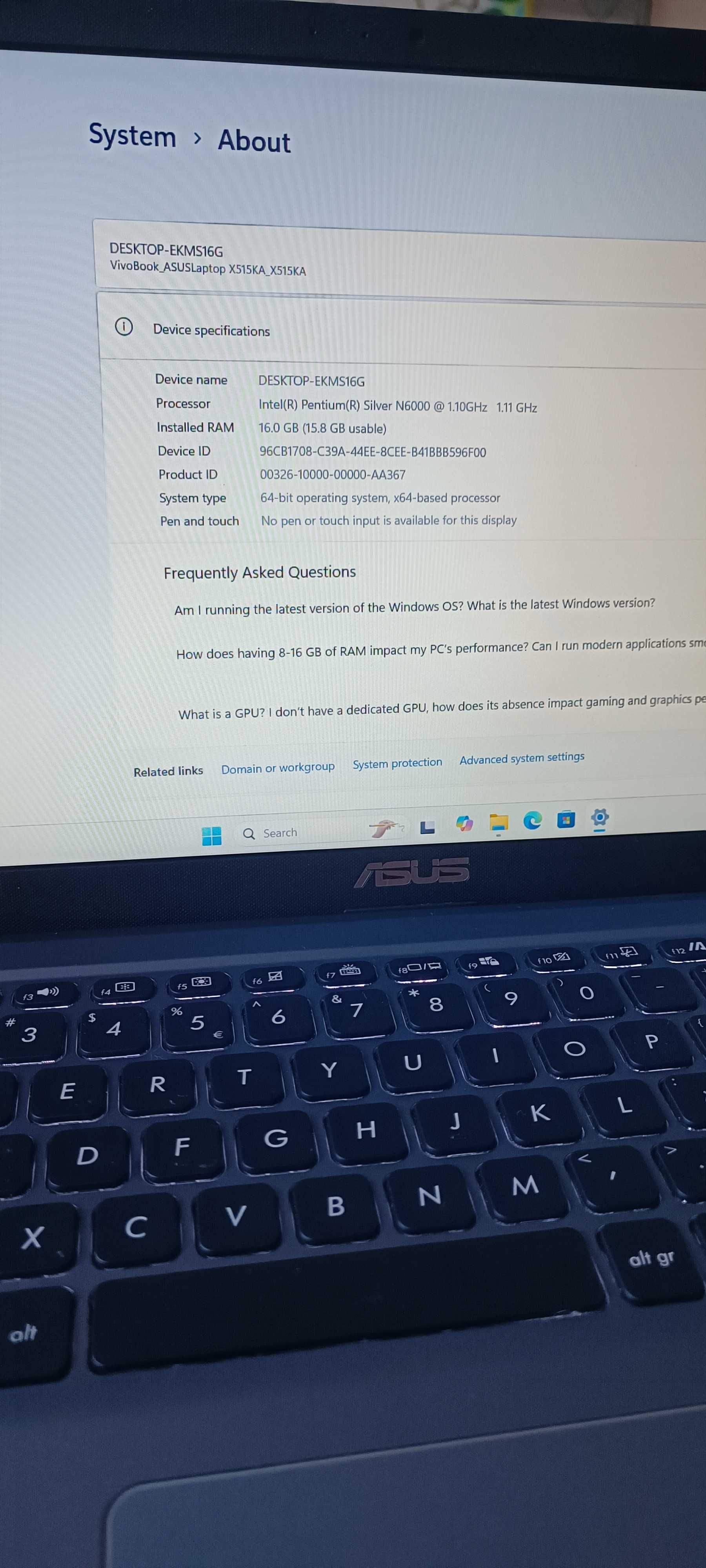 Лаптоп ASUS X515KA – 16 GB RAM, 250 GB SSD